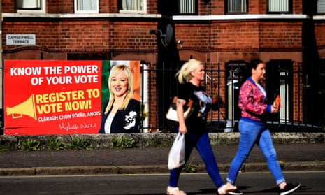A Sinn Féin election poster featuring Michelle O’Neill is seen in Belfast, Northern Ireland.