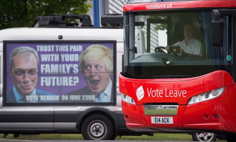 The Vote Leave campaign bus passes a Vote Remain poster featuring Nigel Farage and Boris Johnson.