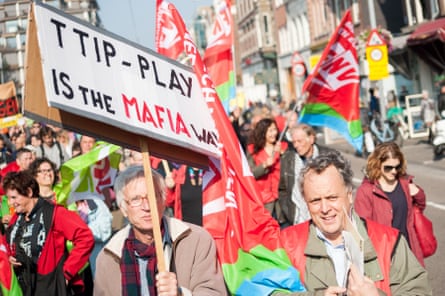 Banners reading ‘TTIP play is the Mafia way’ in a protest in Amsterdam, October 2015.