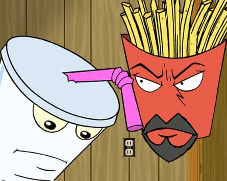 A cartoon of a box of chips and a drinks cup with faces