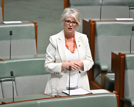 Helen Haines, in glasses and a white blazer, speaks in parliament