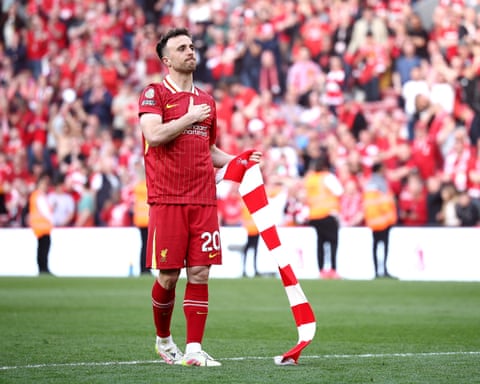 Diogo Jota celebrates winning last season’s title in front of the Liverpool fans at Anfield