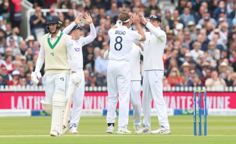 PJ Moor of Ireland leaves the field after being trapped LBW out for 10 runs by Stuart Broad of England.