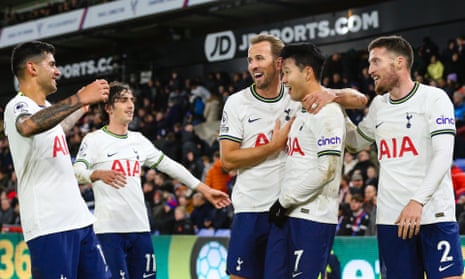 Son Heung-Min (second right) is congratulated by fellow goalscorer Harry Kane as the Spurs’ players celebrate after he scored their fourth.