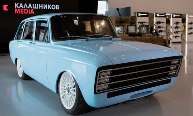 Son of a gun: the Kalashnikov stand at a defence trade show outside Moscow last week, showcasing the new electric car.