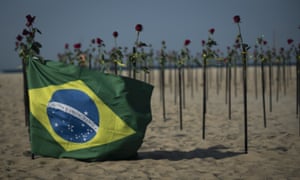 Red roses placed in tribute to Brazil’s Covid victims at Copacabana Beach in Rio de Janeiro.