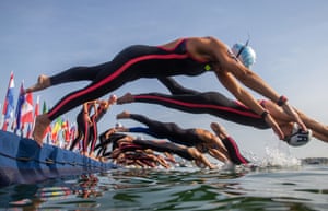 Budapest, Hungary. Swimmers at the start of the women’s 10km open water swim event during the 2022 World Aquatics Championships at Lake Lupa