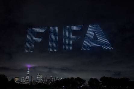 Drones displayed against the Manhattan skyline before the Club World Cup final in 2025.