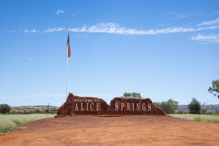 The welcome to Alice Springs sign outside Alice Springs, NT, Australia