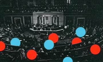black and white photo of room with rows of seats with red and blue dots