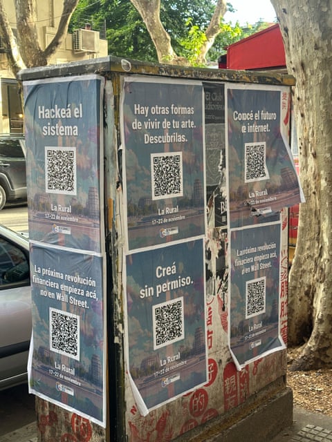 Flyers wheat-pasted onto a sidewalk electrical box.