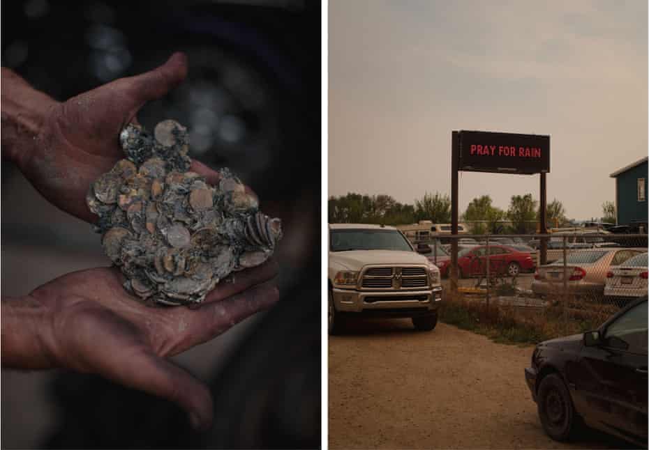left: melted coins in hands. right: sign says ‘pray for rain’ amid parked cars