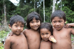Young Korubo children (from left) Tamo Lala, Tupa, Tëpi and Visa are seen on the Amazonian Indigenous reserve of Vale do Javeri