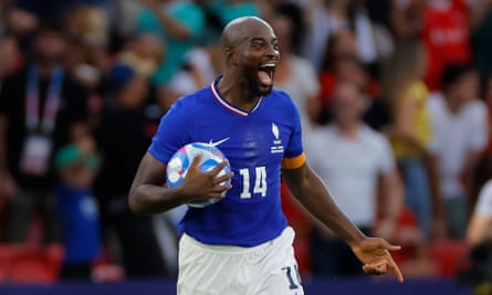 Jean-Philippe Mateta of France celebrates scoring a penalty to equalise for his team late in the second half during the Men's Gold Medal match between France and Spain.