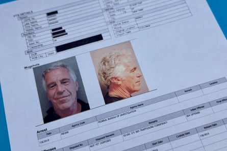 Piece of paper with Epstein’s police mugshot on it