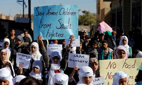 Children protest against the Saudi-imposed blockade outside the UN offices in Sana’a, Yemen.