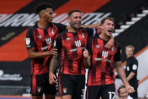 Jack Stacey (right) celebrates after scoring for Bournemouth against Blackburn.