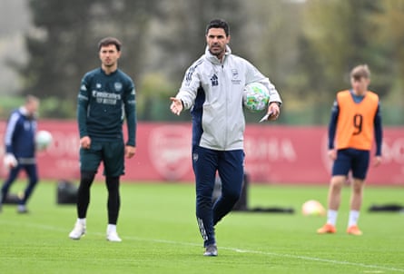 Mikel Arteta presides over training at London Colney