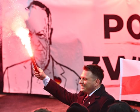 Sławomir Mentzen, one of the leaders of the far-right Confederation, at the Roman Dmowski Roundabout before the Independence March in Warsaw, Poland.