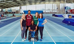 From left: Gail Emms, Olympic medallist in badminton; Jonté Smith, Lewes FC centre-forward; Anne Wafula Strike, Paralympic wheelchair racer; Faye Baker, Lewes FC goalkeeper; Goldie Sayers, former British javelin thrower. Shot on location at Lee Valley Athletics Centre.