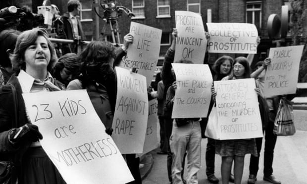 Maureen Colquhoun, left, leading protests outside the Old Bailey in 1982 against the judge and the media’s distinction between prostitutes and ‘respectable women’ during the trial of the serial killer Peter Sutcliffe.