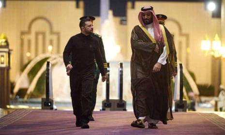 Ukrainian President Volodymyr Zelenskyy, left, meets with Saudi's Crown Prince Mohammed bin Salman at the Royal Palace in Jeddah, Saudi Arabia.