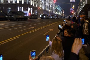 Military vehicles on Tverskaya street, Moscow, during night rehearsals for Russia’s Victory Day parade on Red Square on 9 May.