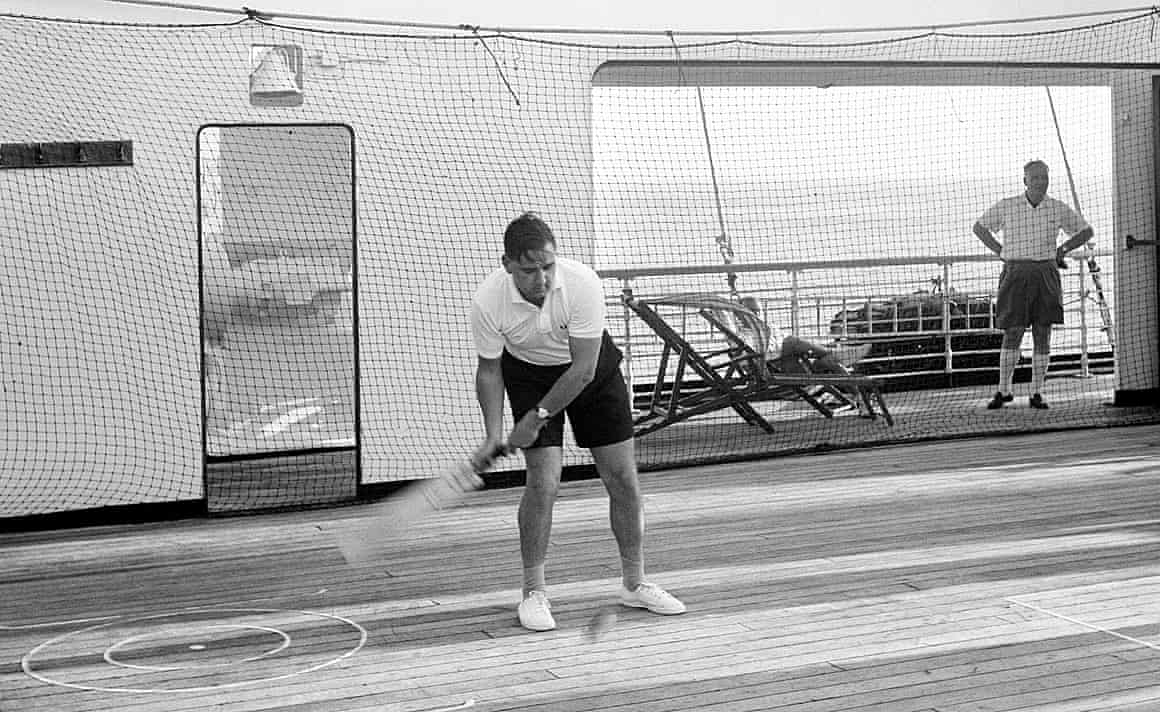 Colin Cowdrey gets in some batting practise on the deck of the SS Iberia en-route to Australia for the 1958-59 Ashes tour.