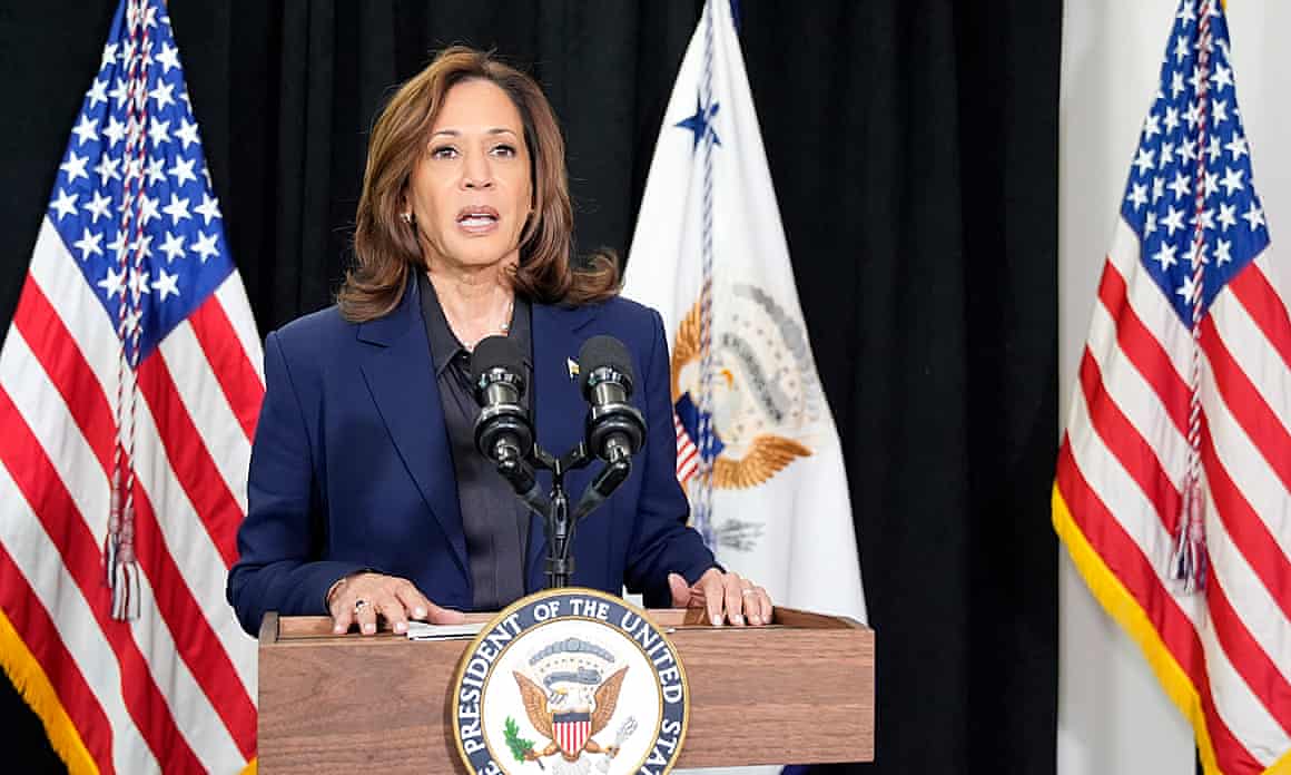 Kamala Harris speaking on podium in front of US flags