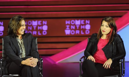 Harris with Anita Sarkeesian at the Women in the World summit in 2015.