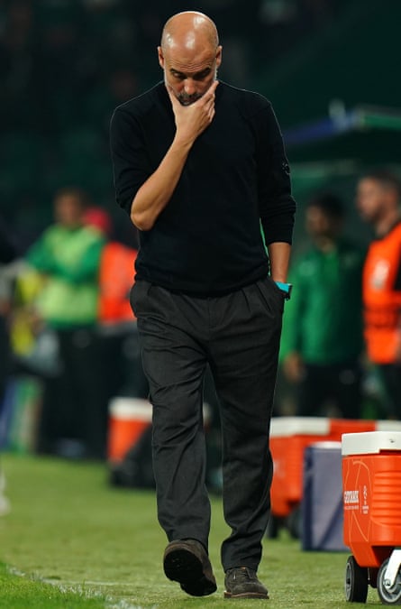 Pep Guardiola paces on the touchline against Sporting