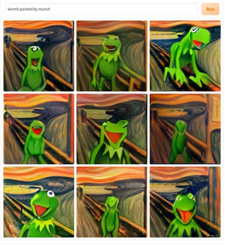 A collage of images of Kermit the Frog as the figure on the bridge in Munch’s The Scream