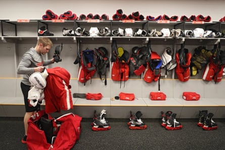 The Detroit Red Wings head equipment manager, Paul Boyer, packs up after his team’s game against the Washington Capitals was postponed