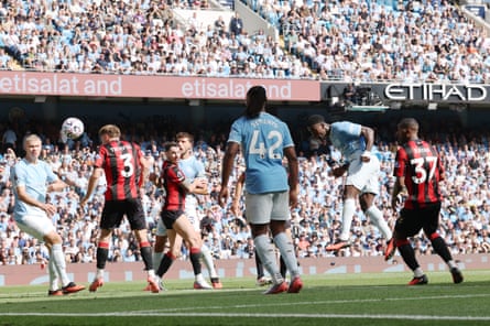 Marc Guéhi scores Manchester City’s equaliser against Bournemouth