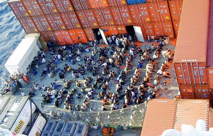 Asylum seekers onboard the Norwegian cargo ship MS Tampa on in August 2001.