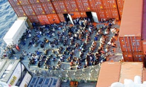 Some of the 438 asylum seekers onboard the Norwegian cargo ship MS Tampa