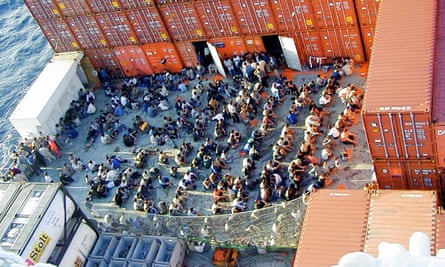Rescued asylum seekers on board the Norwegian cargo ship MS Tampa