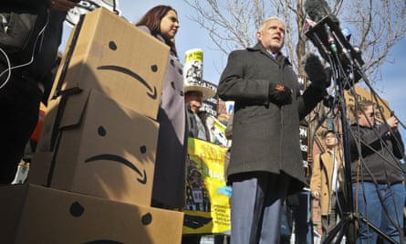 Jimmy Van Bramer speaks during a conference in Queens, New York following Amazon’s announcement it would abandon its proposed headquarters on 14 February.