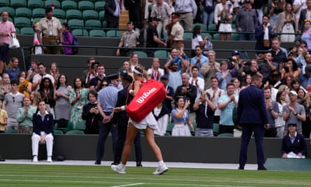 Victoria Azarenka of Belarus leaves the court after losing to Ukraine’s Elina Svitolina at Wimbledon