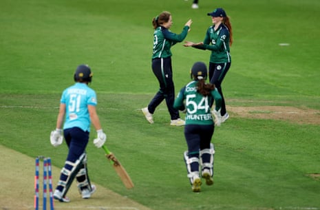 Ireland's Cara Murray celebrates after bowling out England's Jodi Grewcock.