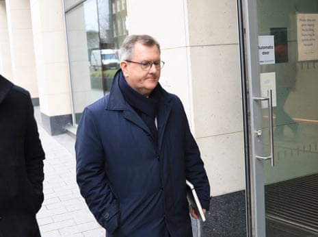 Jeffrey Donaldson arrives at government buildings in Belfast city centre for a meeting with James Cleverly.