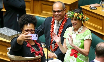 Tongan-born MP Anahila Kanongata’a-Suisuiki takes a selfie with fellow Labour MPs Aupito William Sio, originally from Samoa, and Cook Islander Poto Williams, during the commission opening of parliament