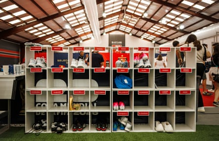Spain players’ pigeonholes for their boots, labelled with their names