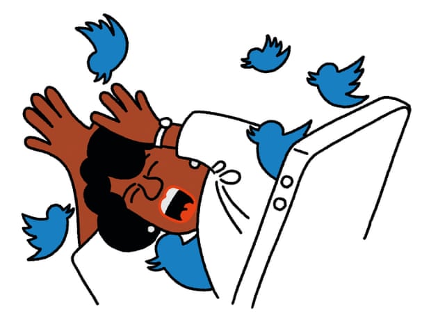 An illustration of a woman with Twitter birds attacking her from her phone