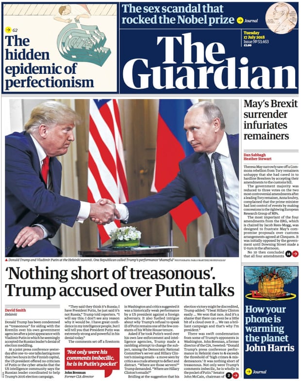 Guardian front page, Tuesday 17 July 2018