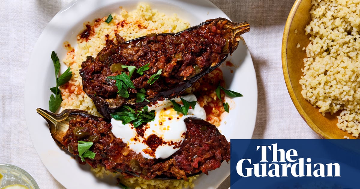 Thomasina Miers’ recipes for spiced lamb-stuffed aubergine with aleppo chilli butter, and berry ripple ice-cream