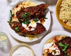 Thomasina Miers’ recipes for spiced lamb-stuffed aubergine with aleppo chilli butter, and berry ripple ice-cream