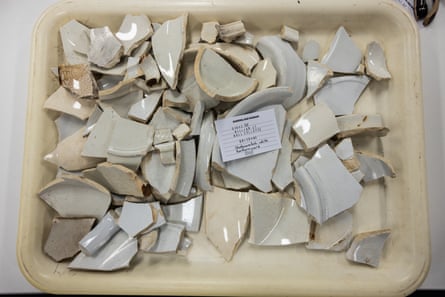 Fragements on a tray, with a label