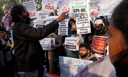 People protest in Delhi against hate speech after a religious assembly of Hindu holy figures in Uttarakhand.