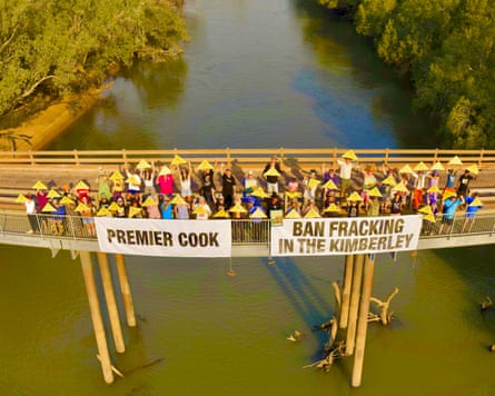 Kimberley residents gather at Willare Bridge over the Martuwarra Fitzroy River to call on WA premier Roger Cook to ban fracking in the region